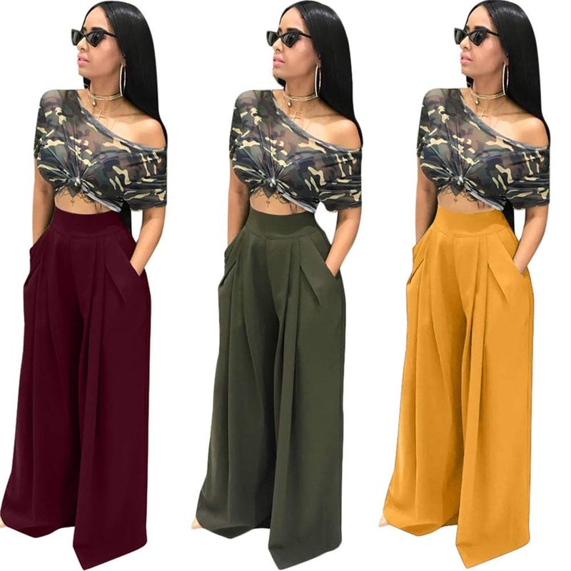 NRTHYE Womens Palazzo Long Pants High Waist Wide Leg Stretchy Loose Fit Casual Trousers with Pocket - Image 2